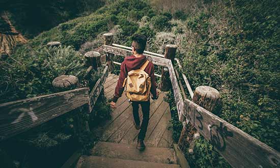 Backpacker som går ner för en trappa. Runt om är det grönskande natur