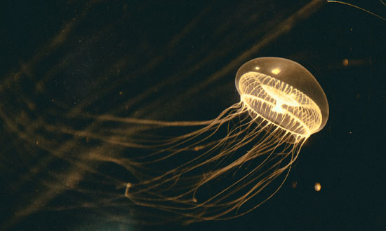 En ljusgul manet i ett mörkt hav