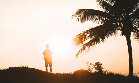 Kille som står på en kulle bland palmer och ser ut över havet i solnedgången.